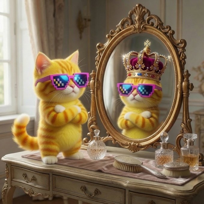 A cartoon orange tabby cat wearing pixelated purple sunglasses stands before an ornate gold mirror, where its reflection wears a jeweled crown, with perfume bottles and brushes on the vanity below.