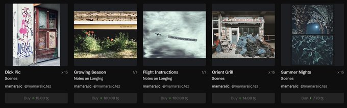 The image displays a row of five digital artwork listings from Tezos-based marketplace objkt.com by artist @mamaralic, featuring titled pieces such as "Dick Pic" (15 editions, 15.00 tz), "Growing Season" (1/1, 160.00 tz), "Flight Instructions" (1/1, 160.00 tz), "Orient Grill" (15 editions, 14.00 tz), and "Summer Nights" (15 editions, 7.70 tz).

The image aligns with the #TezosTuesday post by showcasing the artist's available NFT collection on the objkt.com marketplace, promoting their Tezos blockchain photography artwork to potential collectors.