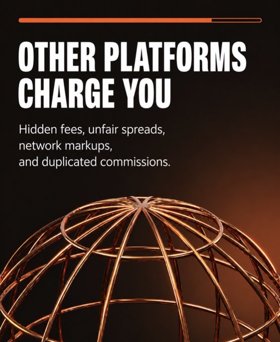An advertisement with bold text 'OTHER PLATFORMS CHARGE YOU' followed by 'Hidden fees, unfair spreads, network markups, and duplicated commissions' above an illuminated wireframe globe.