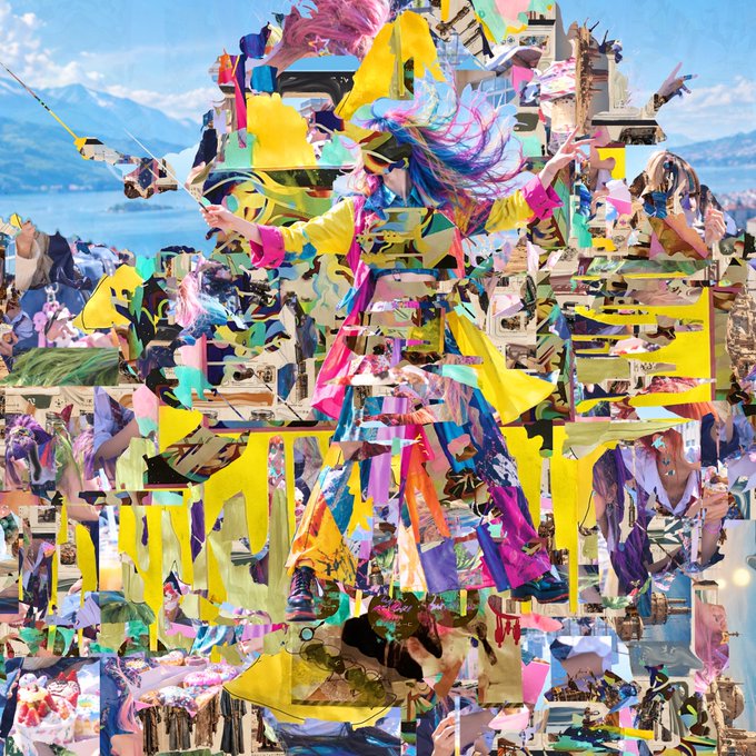A vibrant digital collage featuring a central figure adorned in flowing, multi-colored garments and hair, surrounded by layered imagery of people and landscapes against a mountainous backdrop.