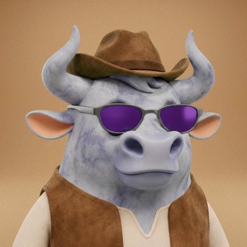 A 3D-rendered cartoon cow character wearing a brown cowboy hat, purple sunglasses, and a brown vest poses against a tan background.