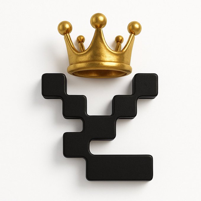 A 3D rendering of a black, blocky, stylized logo letter 'E' topped with a golden crown against a plain white background.