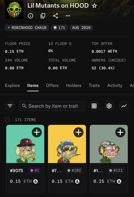 An NFT marketplace page for 'Lil Mutants on HOOD' on the Robinhood Chain displays a floor price of 0.15 ETH and shows three colorful mutant character NFTs.