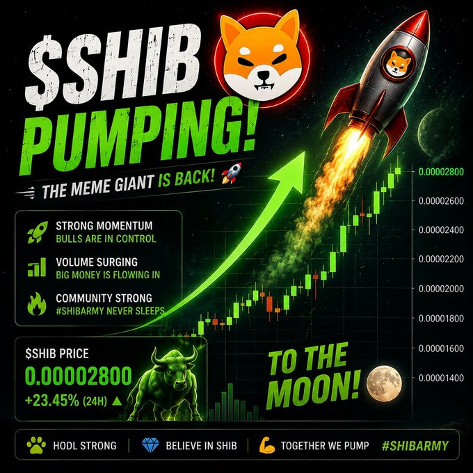 The image is a vibrant promotional graphic featuring the Shiba Inu ($SHIB) logo and the text "$SHIB PUMPING! THE MEME GIANT IS BACK!" alongside a rocket ship launching toward the moon and a green upward arrow, symbolizing bullish momentum. It highlights key metrics including a price of $0.00002800 (+23.45% in 24H), "STRONG MOMENTUM," "VOLUME SURGING," and "COMMUNITY STRONG," with the rallying cry "TO THE MOON!" reinforcing the post's message that Shiba Inu is making a significant comeback.