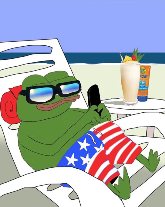 An illustration of a green frog wearing sunglasses and American flag-patterned swim trunks lounging on a beach chair with a tropical drink beside it.