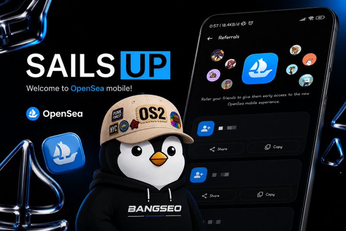 The image shows a cell phone with an advertisement for a mobile app called "Sails Up" featuring a penguin character wearing a hat, surrounded by various icons related to sailing activities such as boats and ships. The text of the post suggests that the app is open-source and invites users to share their experiences on social media using the hashtag #openseaMobile. This encourages users to engage with the app's features and provide valuable feedback for its improvement or development, ultimately benefiting both the app creators and the broader sailing community.