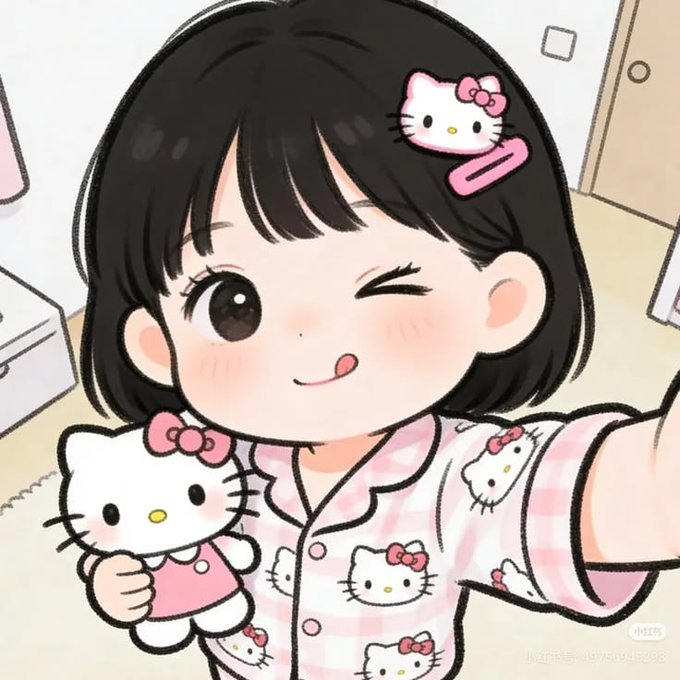 The image features a cartoon girl with black hair wearing pajamas, holding a Hello Kitty plush toy. She has her eyes closed and is smiling at the camera. The caption for this image reads "Had to delete my last flower post The bots seemed to love it more than real people Anyway we'll get back to talking about @quipnetwork tomorrow gñight".