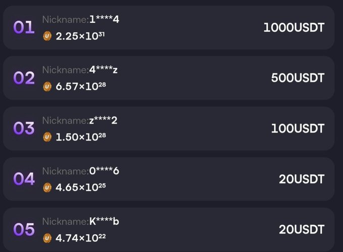 A leaderboard displaying five ranked users with nicknames like '1****4' and '4****z', showing their holdings of 2.25×10³¹ and 6.57×10²⁸ coins respectively, and USDT prizes ranging from 1000 USDT to 20 USDT.