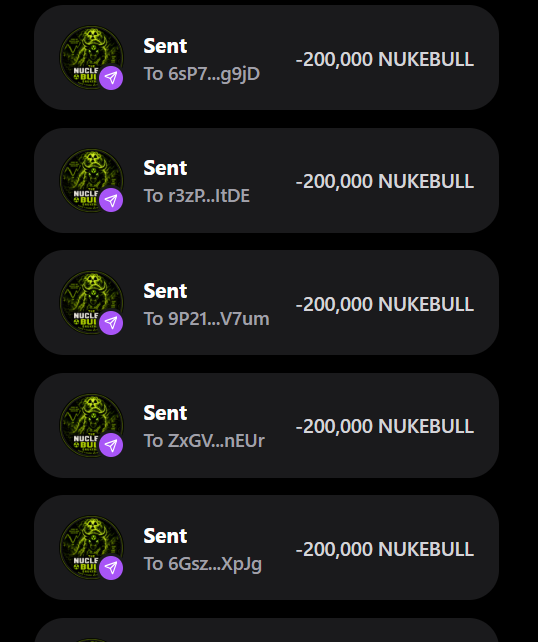 The image shows multiple “Sent” transactions of **-200,000 NUKEBULL** each to different Solana addresses. It appears to document the accompanying **$NUKEBULL airdrop**, where participants were asked to submit a $SOL address, follow **@katecoinonsol**, and retweet the pinned post.