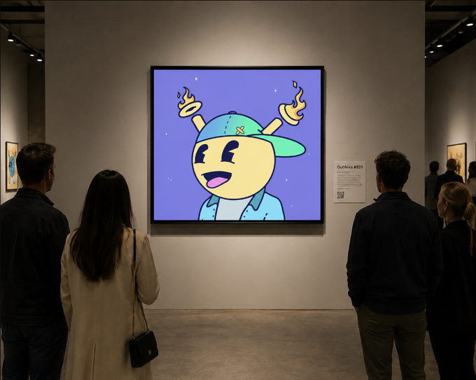 An art gallery scene where visitors view a digital artwork displayed on a wall, featuring a cartoon character with a teal cap, blue shirt, and yellow flame-like horns against a purple starry background.