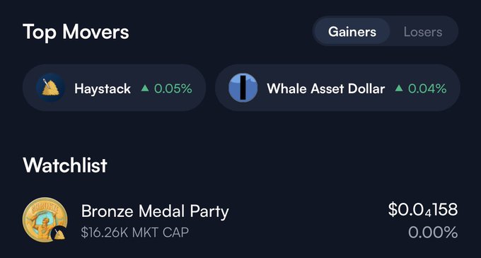 A dark crypto market panel titled “Top Movers” shows gainers “Haystack” at “0.05%” and “Whale Asset Dollar” at “0.04%,” plus a “Watchlist” entry for “Bronze Medal Party” with “$0.04158” and “0.00%.”