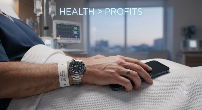 A photo of a hospital patient lying in bed with a wristband and a wristwatch, while a hand rests on a smartphone; the overlaid text reads 'HEALTH > PROFITS'.