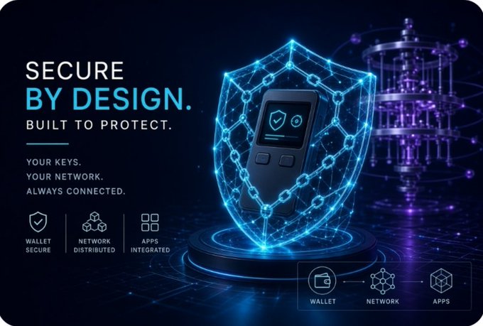 Marketing banner for a crypto hardware wallet with the text 'SECURE BY DESIGN. BUILT TO PROTECT.' and features 'WALLET SECURE', 'NETWORK DISTRIBUTED', and 'APPS INTEGRATED'.