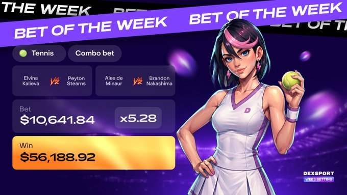 A sports betting advertisement from DEXSPORT Web3 Betting featuring an anime-style tennis character, promoting a 'BET OF THE WEEK' tennis combo bet between Kalieva/Stearns and de Minaur/Nakashima with a $10,641.84 bet yielding $56,188.92.