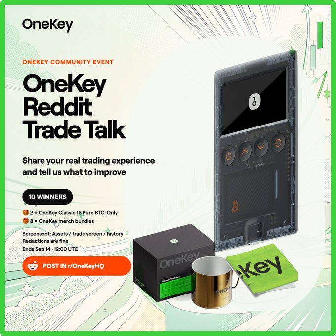 The promotional image announces the "OneKey Reddit Trade Talk" community event, inviting users to share their real trading experiences for a chance to win prizes including 2 OneKey Classic 1S Pure BTC-Only hardware wallets and 8 merch bundles, with participants required to post a screenshot of their assets, trade screen, or history in r/OneKeyHQ before September 14, 12:00 UTC. The image features a OneKey hardware wallet device, branded packaging box, a metallic mug, and a green "key" accessory, set against a green-themed background with cryptocurrency chart graphics, directly illustrating the giveaway rewards and the trading-focused nature of the event.