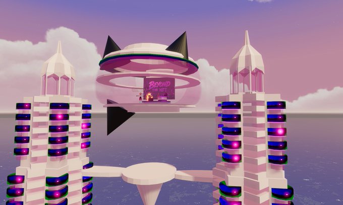A 3D rendered scene of two futuristic towers with purple-lit platforms connected by a central floating ring structure against a pink sky.