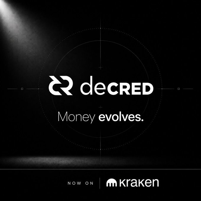 A dark promotional graphic features the Decred logo and the tagline "Money evolves." alongside a spotlight effect, with a banner at the bottom announcing "NOW ON kraken," visually reinforcing the post's announcement of Decred's new availability on the Kraken exchange.