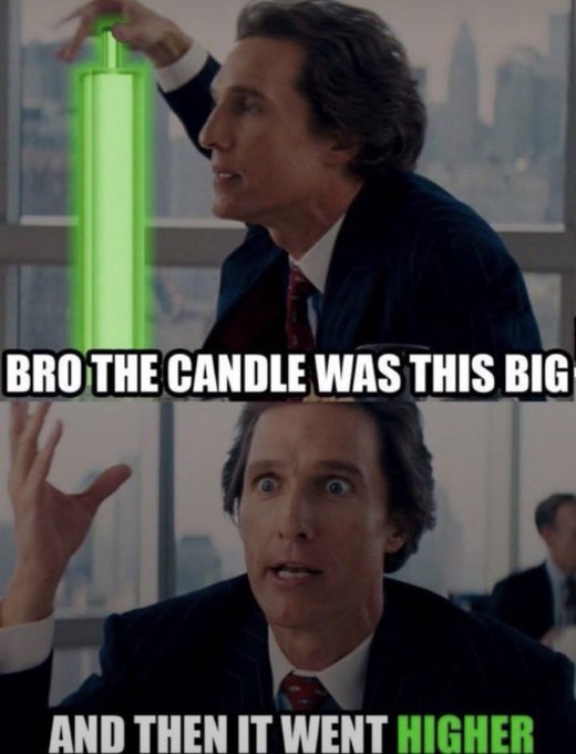 A two-panel meme featuring a man in a suit; the top panel shows him gesturing to a tall green rectangle with the text 'BRO THE CANDLE WAS THIS BIG', and the bottom panel shows him with wide eyes and the text 'AND THEN IT WENT HIGHER'.