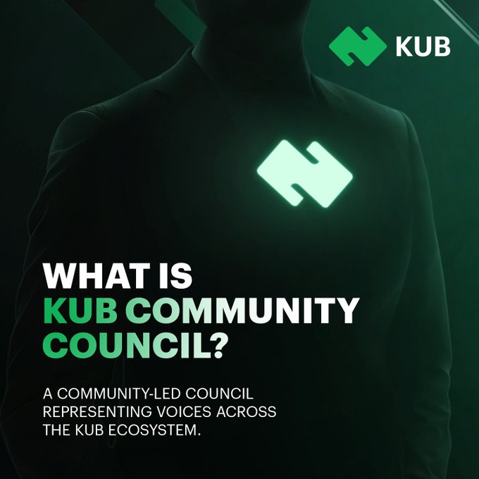 A dark green graphic featuring a person's torso with a glowing logo, accompanied by the text 'WHAT IS KUB COMMUNITY COUNCIL? A COMMUNITY-LED COUNCIL REPRESENTING VOICES ACROSS THE KUB ECOSYSTEM.'