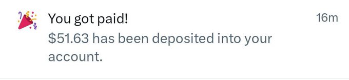 A mobile notification showing a payment deposit message that reads 'You got paid! $51.63 has been deposited into your account.' with a 16m timestamp.