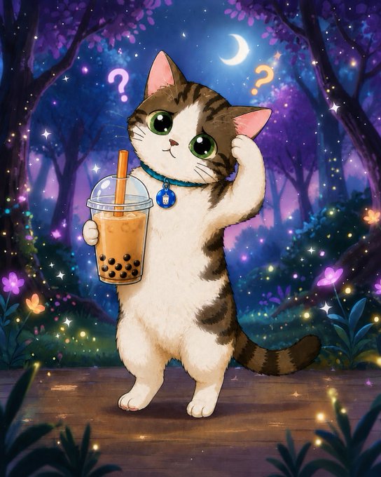 A digital illustration of a cute, anthropomorphic tabby cat standing on its hind legs, holding a cup of bubble tea in one paw, with a confused expression indicated by floating question marks, set against a magical night forest background with glowing lights, a crescent moon, and purple and blue hues.