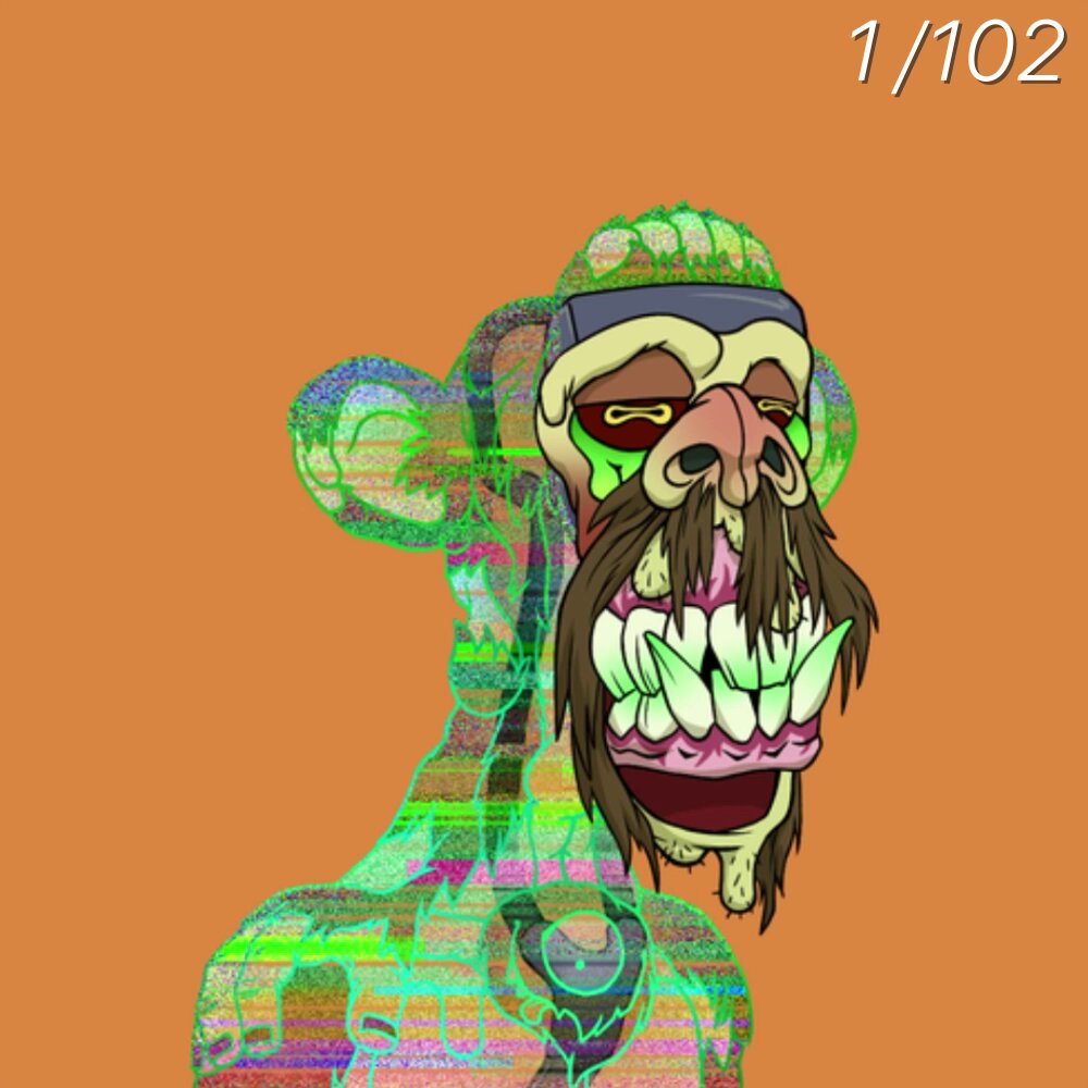 The image features a cartoon monkey with a green face, wearing a mask that covers its eyes and mouth. The monkey has a large nose and teeth, giving it an unusual appearance. The background of the image is orange, which contrasts with the green face of the monkey. There are no texts or other objects in the image, making the focus solely on the monkey and its unique facial features.