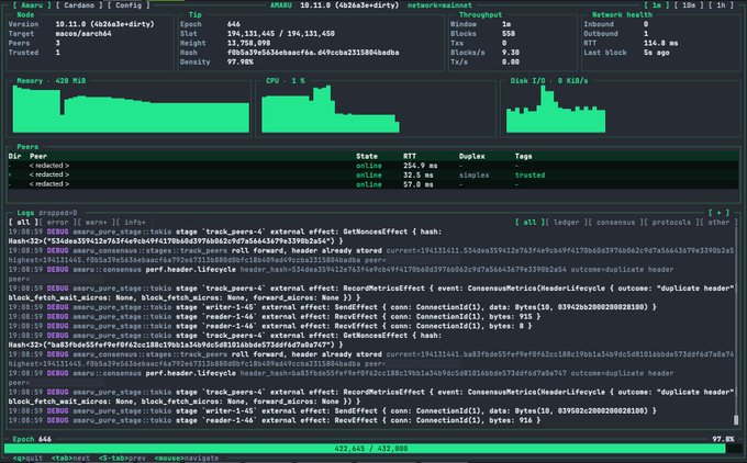 A screenshot of a system monitoring dashboard showing network and process activity, with green graphs for Memory and CPU, and an active log feed for the 'amor' process.