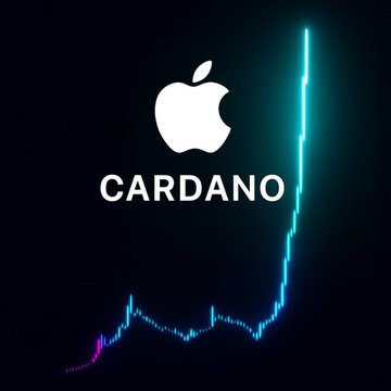A graphic combining the Apple logo with the text 'CARDANO' against a dark background, overlaid with a glowing blue line chart showing a sharp upward trend, implying cryptocurrency market movement.