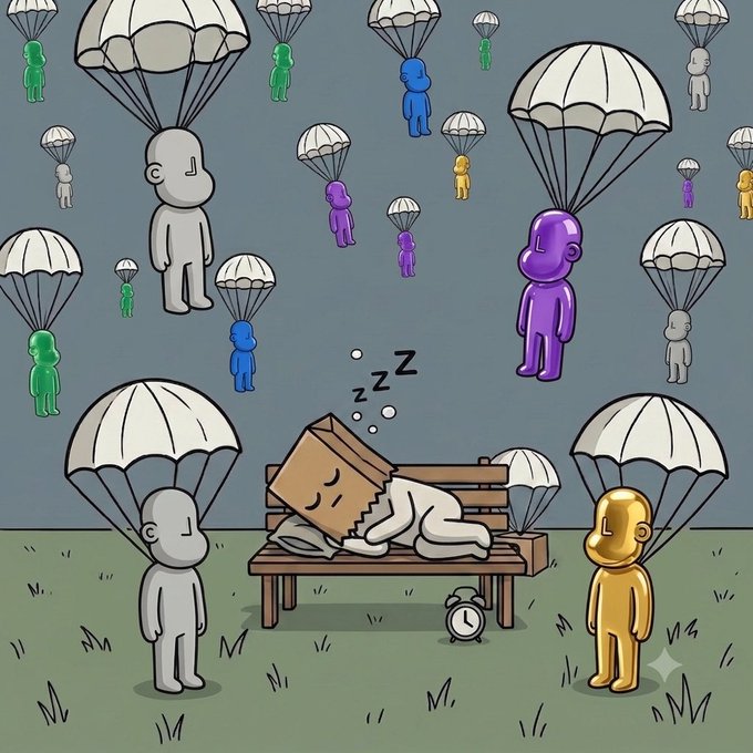 An artistic illustration showing colorful 3D figures descending with parachutes while a cardboard box character sleeps on a bench beneath them.