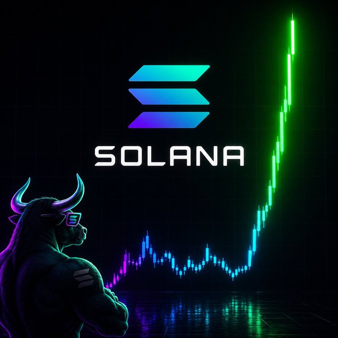 A promotional graphic featuring the Solana logo and text 'SOLANA' centered above a trading chart showing a sharp upward trend, with a muscular bull wearing sunglasses in the foreground.