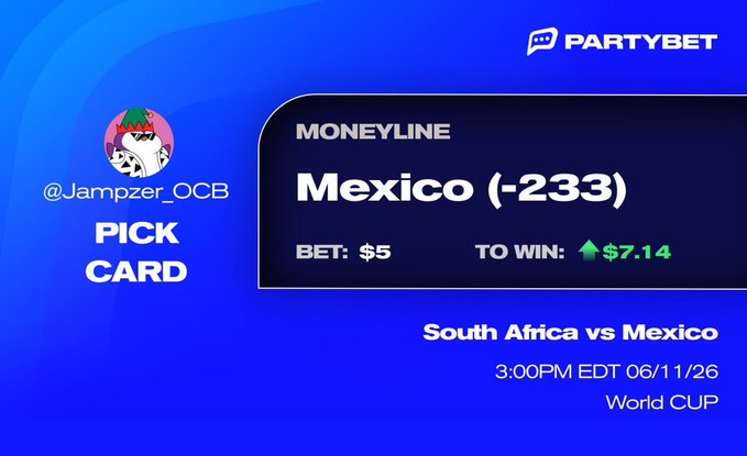 The image shows a blue background with white text that reads "pick card", followed by a graphic of two countries displaying their respective scores for a major international soccer match between South Africa and Mexico, as well as a predicted winner's name and predicted amount on the right side of the image. The post also mentions a world cup prediction market and shares it in a group chat where people discuss sports, politics, and other world events related to soccer.