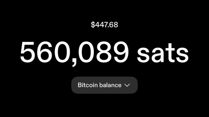 A dark screen displaying a Bitcoin balance of 560,089 sats valued at $447.68 USD with a dropdown menu labeled 'Bitcoin balance'.