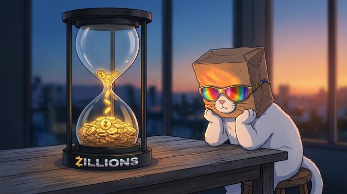 A cat wearing sunglasses and a paper bag on its head sits next to an hourglass filled with golden coins labeled "$ZILLIONS" at the base. The image visually captures the meme's joke about waiting for @mert to once again hype the $ZILLIONS token, with the hourglass symbolizing the anticipation.