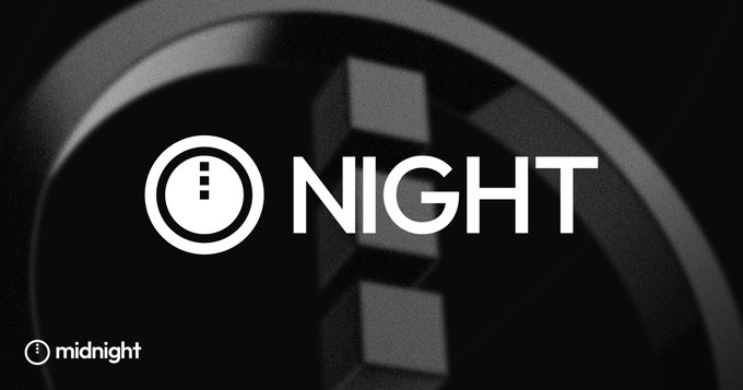 A minimalist black graphic features the bold white text "NIGHT" alongside a circular exclamation point logo, with the "midnight" branding displayed in the lower left corner against a dark, abstract background.

The image serves as a visual promotion for Midnight Network's NIGHT token, complementing the post's news about the cryptocurrency's significant price surge and growing market presence.