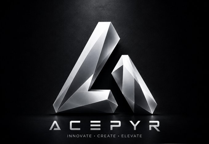 A stylized 3D logo featuring two metallic geometric shards forming an 'A' shape, with the text "ACEPYR" and the tagline "INNOVATE • CREATE • ELEVATE" below.