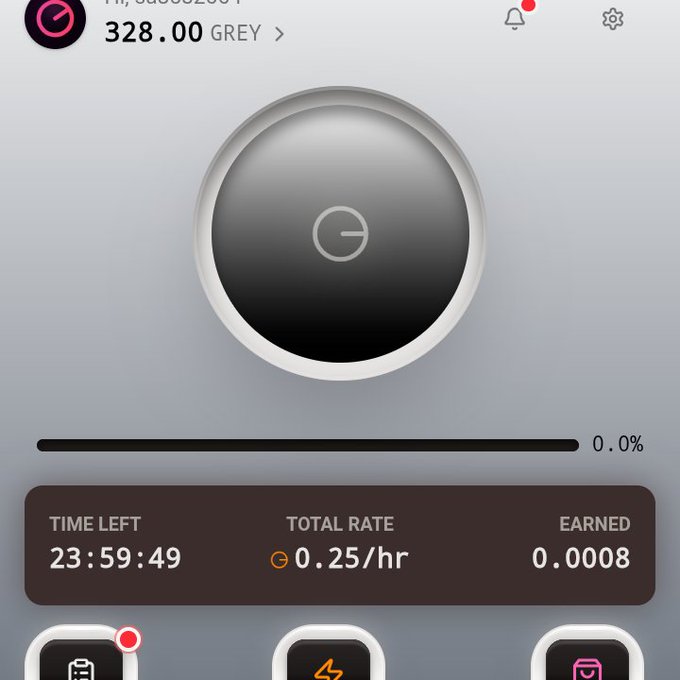A crypto mining app interface showing a balance of 328.00 GREY, a rate of 0.25/hr, 0.0008 earned, and 23:59:49 time left.
