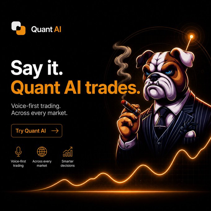 An advertisement for 'Quant AI' featuring a bulldog in a pinstripe suit smoking a cigar, with the tagline 'Say it. Quant AI trades.' promoting voice-first trading across markets.