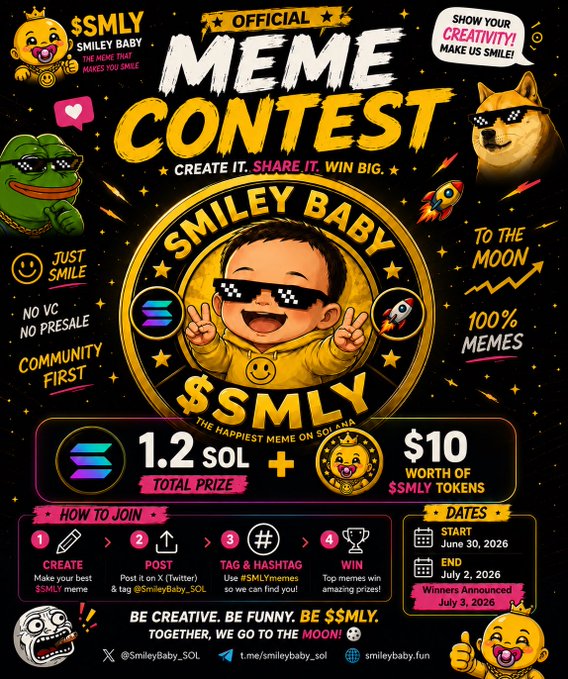 A promotional graphic for the "$SMLY Official Meme Contest" features a central baby character wearing sunglasses with "JUST SMILE / NO VC NO PRESALE / COMMUNITY FIRST" on the left and contest details showing "1.2 SOL TOTAL PRIZE + $10 WORTH OF $SMLY TOKENS," running from June 30, 2026 to July 2, 2026 with winners announced July 3, 2026. The image reinforces the post's urgency by highlighting that the contest is ending soon and encouraging users to create memes using the hashtag #SMLYmemes and tag @SmileyBaby_SOL on X (Twitter) for a chance to win SOL prizes.