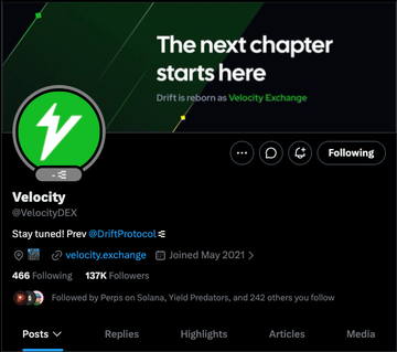 The image is a Twitter/X profile screenshot for "Velocity" (@VelocityDEX), featuring the tagline "The next chapter starts here" and the announcement "Drift is reborn as VelocityExchange," with 466 Following, 137K Followers, and noting it joined May 2021. It visually supports the post by showing the rebranded Drift protocol's new identity as VelocityDEX.