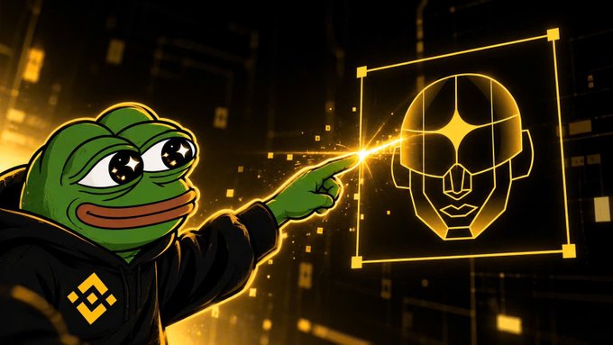 A digital illustration of a Pepe the Frog character wearing a black hoodie with a Binance logo, pointing at a glowing yellow wireframe of a humanoid face.