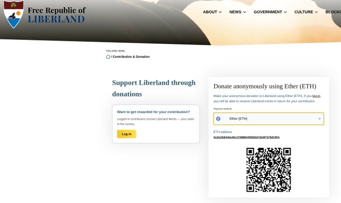 The image shows the "Free Republic of Liberland" donation page, inviting users to support Liberland via contributions that earn Liberland Merits, or to donate anonymously using Ether (ETH) through a displayed ETH address and QR code—aligning with the post's emphasis on voluntary contribution as a core Libertarian principle of this micronation.