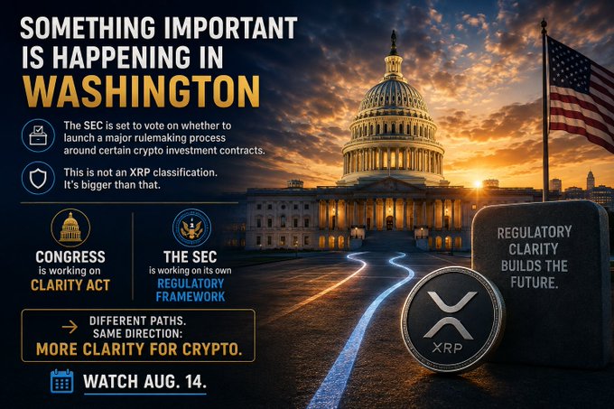 A promotional graphic reading 'SOMETHING IMPORTANT IS HAPPENING IN WASHINGTON' about the SEC voting on crypto investment contract rulemaking, featuring the US Capitol, an American flag, and an XRP coin, dated August 14.