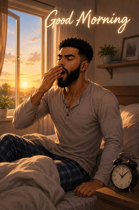 An illustrated 'Good Morning' scene showing a bearded man in a gray henley shirt yawning as he sits up in bed, with a sunrise visible through the window and a classic alarm clock on the nightstand.