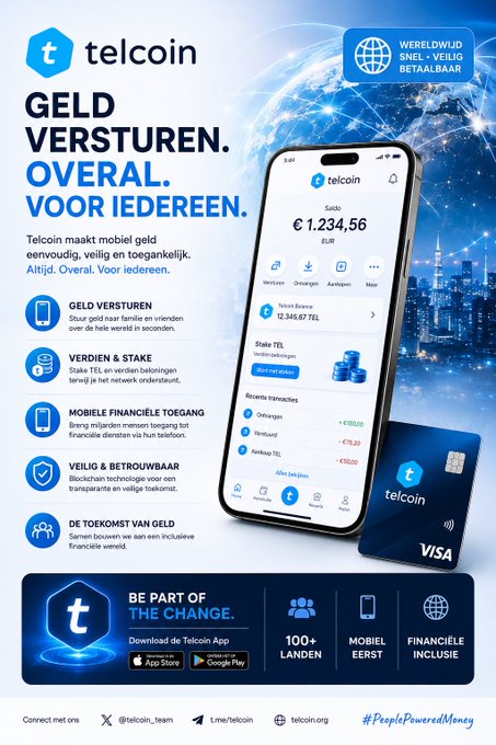 A Dutch-language advertisement for the Telcoin app, featuring the headline 'GELD VERSTUREN. OVERAL. VOOR IEDEREEN.' and showcasing its mobile interface for sending money, with a Visa card displayed.