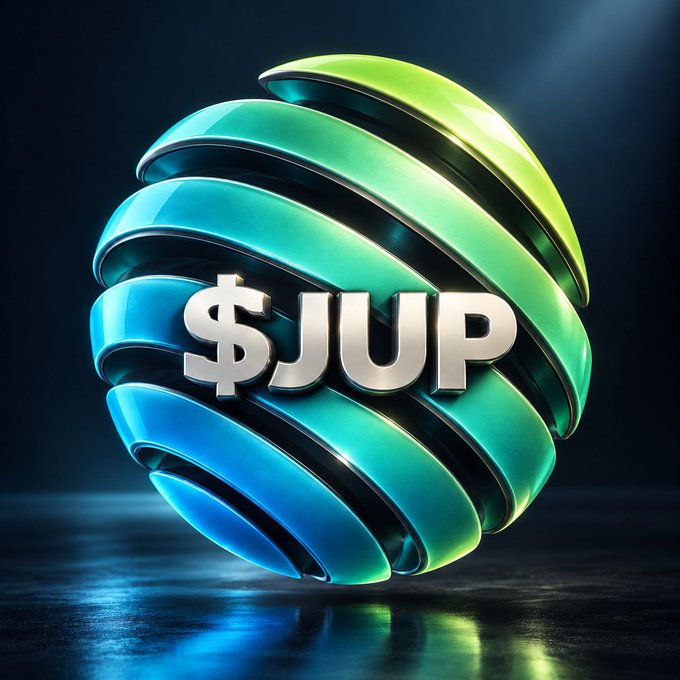 A 3D digital rendering of a spherical logo made of blue and green glossy rings with the metallic text '$JUP' across the center, likely representing the Jupiter cryptocurrency.