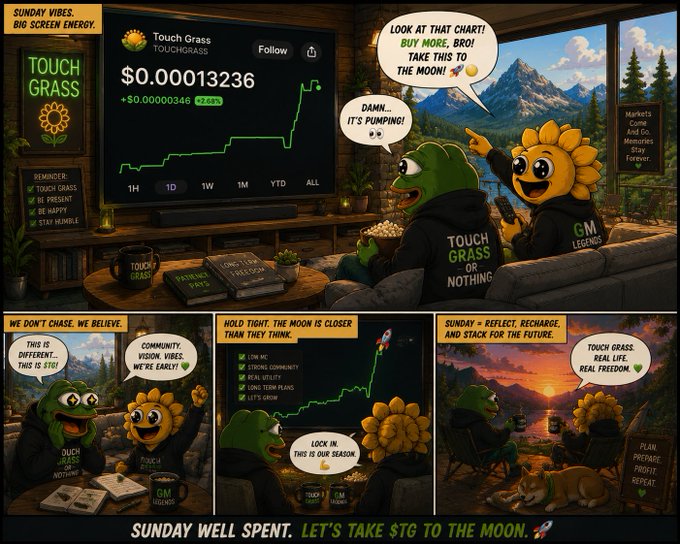 A comic-style promotional image for 'TOUCHGRASS' token featuring cartoon frog and sunflower characters, with text including 'SUNDAY VIBES', 'BIG SCREEN ENERGY', 'TOUCH GRASS OR NOTHING', and 'SUNDAY WELL SPENT. LET'S TAKE $TG TO THE MOON.'
