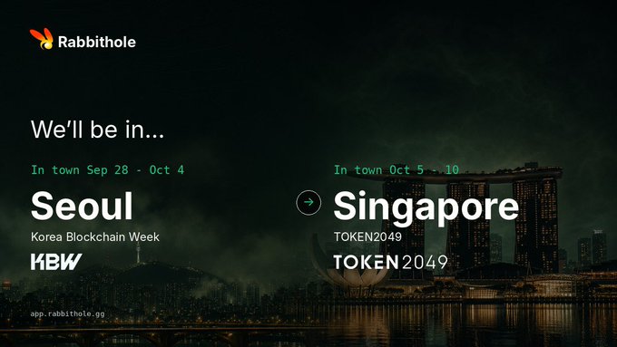 A promotional banner for Rabbithole announces their presence in Seoul (Korea Blockchain Week, Sep 28 - Oct 4) and Singapore (TOKEN2049, Oct 5 - 10).