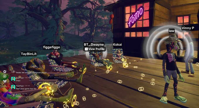 Screenshot from Fortnite showing players including 'TayBinLit', 'figgefigge', 'BT_Dwayne', 'Kokai', 'law', and 'Vinny P' hanging out near a building labeled 'FOMO'.