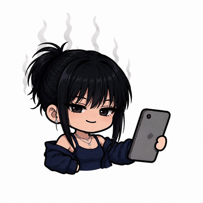A chibi-style anime illustration of a girl with black hair in a ponytail holding an iPhone, with steam lines rising above her head indicating frustration or anger.