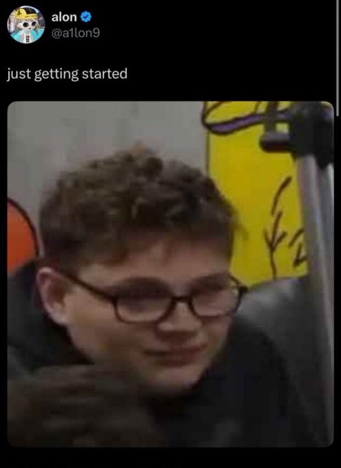 A tweet from @a1lon9 captioned "just getting started" features an image of a young person with glasses and tousled hair, surrounded by what appears to be colorful artwork or posters in the background. The "just getting started" caption paired with the excited post about $SOL potentially reaching $100 or $200 suggests the image is being used humorously to express a sense of anticipation and awe at what's to come.